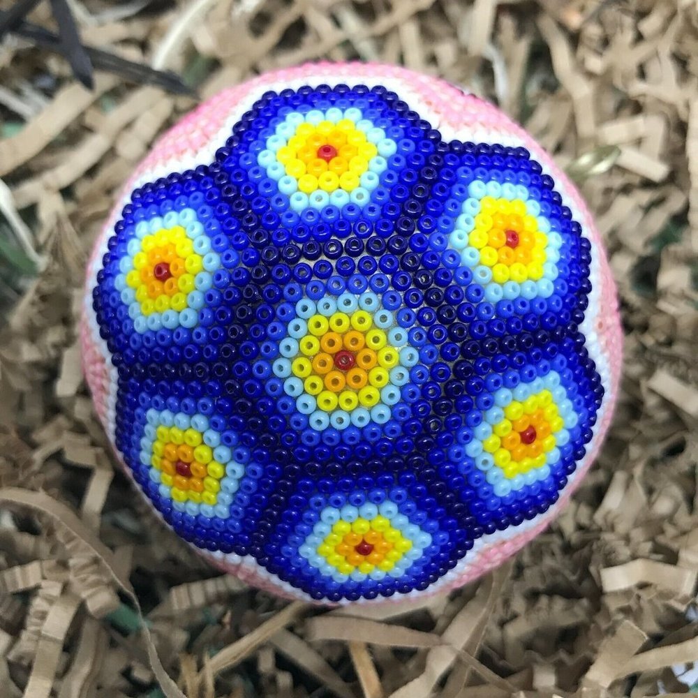 Mexican Huichol Hand Beaded Flower Christmas Sphere Ornament - Set of 6